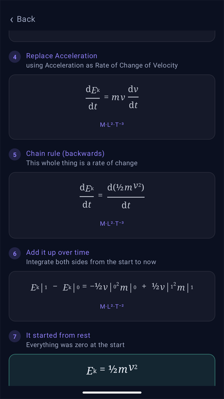 Your derivation, steps 4 to 7: Replace Acceleration using acceleration as rate of change of velocity, Chain rule backwards, Add it up over time, and It started from rest, ending at E k equals one half m v squared.