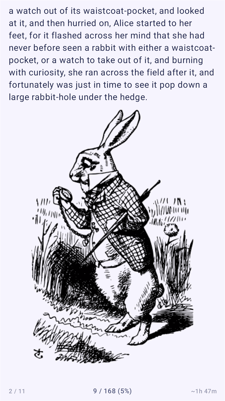 The next page of the same e-book: the end of a paragraph and John Tenniel's drawing of the White Rabbit looking at its watch, filling most of the page.