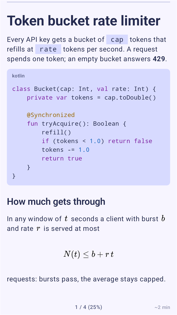 A Markdown document shown as a page in mdReader: a heading, a paragraph with inline code, a Kotlin listing coloured by language and a typeset formula, with page 1 of 4 and the reading time left at the bottom.