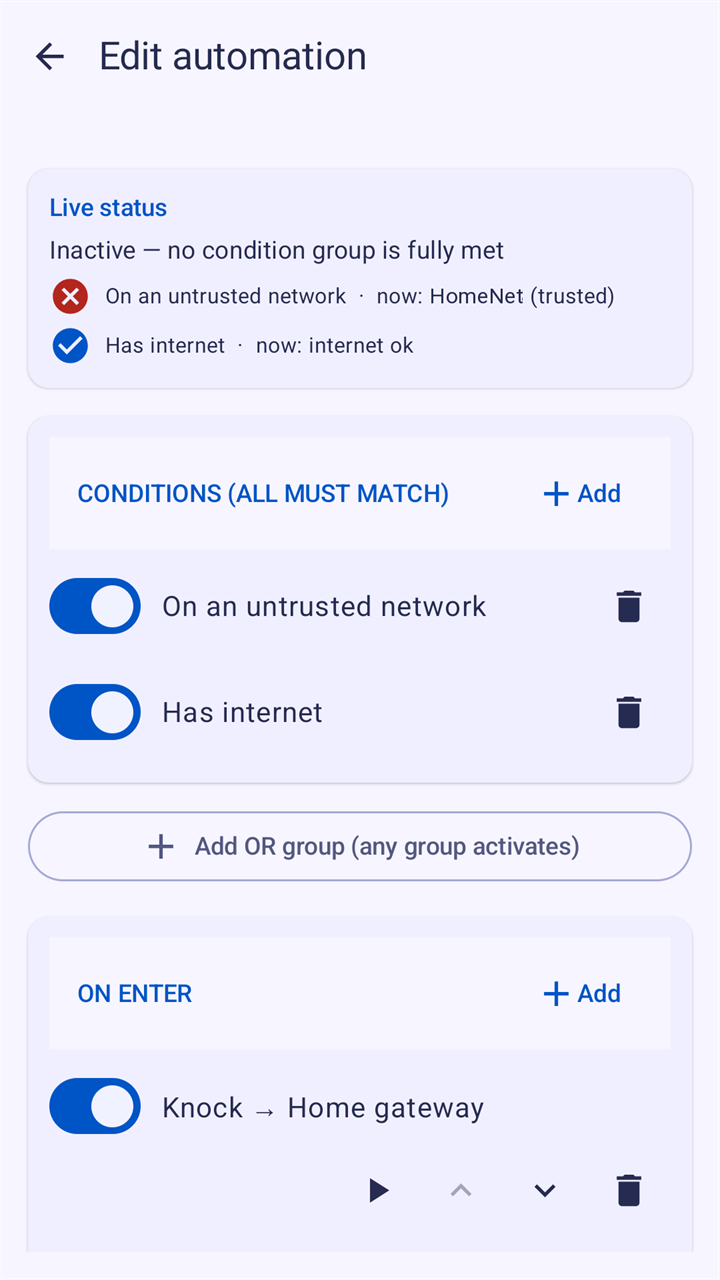 Editing the automation VPN away from home: its live status says inactive, with a cross at On an untrusted network (now HomeNet, trusted) and a tick at Has internet, and the first step on enter is a knock on the target Home gateway.