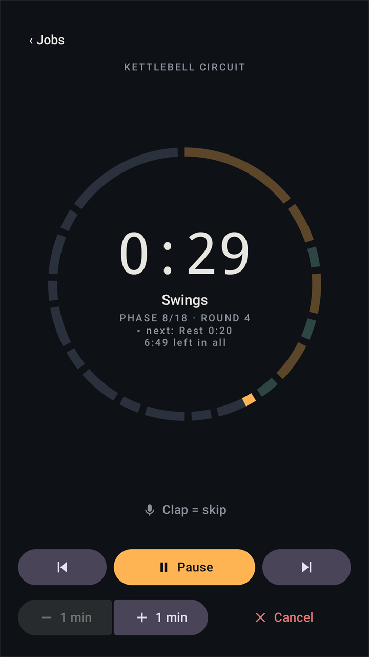 A job running: a ring with one segment for each phase, 29 seconds left of the phase Swings, phase 8 of 18 in round 4, the next phase and the time left in all, and buttons to pause, skip, go back or cancel.