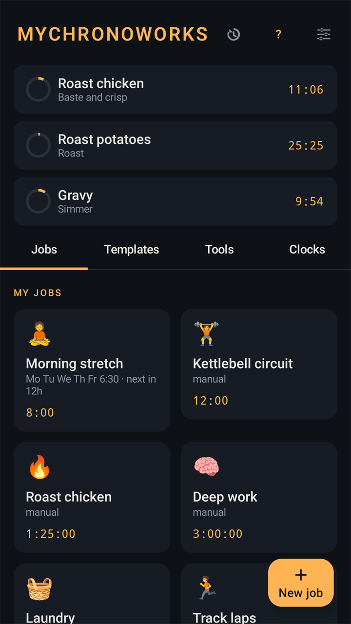 The home screen with three jobs counting down together, Roast chicken, Roast potatoes and Gravy, above the tabs Jobs, Templates, Tools and Clocks and the cards of saved jobs.