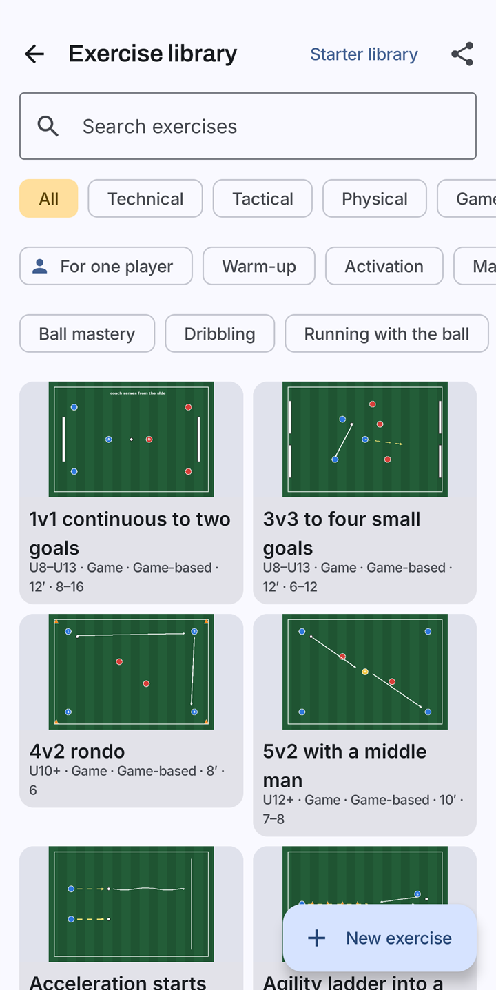 The Exercise library: a search field, filter chips such as Technical, Tactical, For one player and Warm-up, and drill cards with a pitch diagram, age range and number of players.