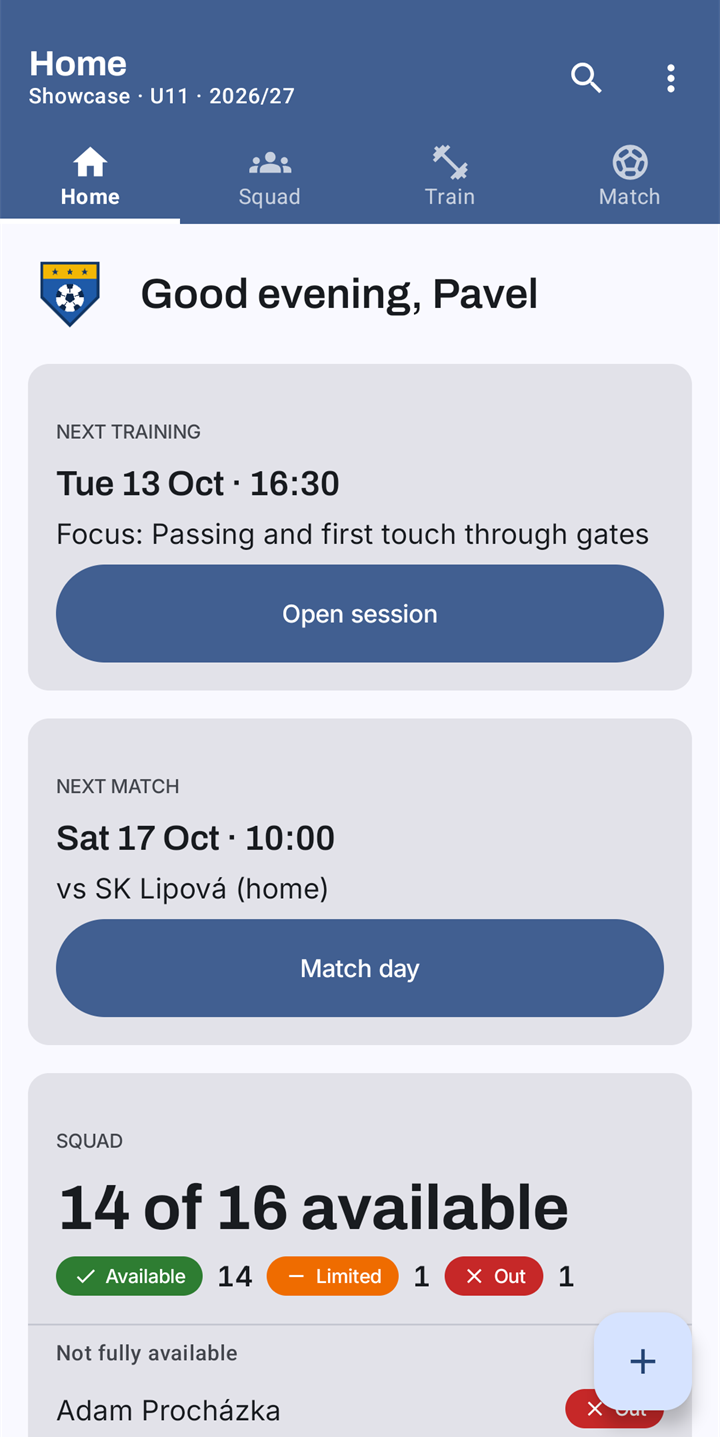 The Home tab: a greeting, the next training with its focus, the next match with a Match day button, and the squad with 14 of 16 players available.