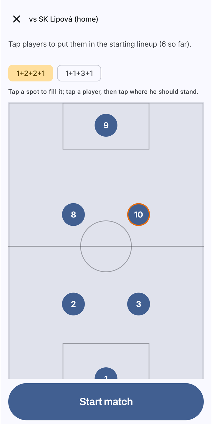 The starting lineup before a match: a choice of two formations and a pitch with six numbered players placed on it, above the Start match button.