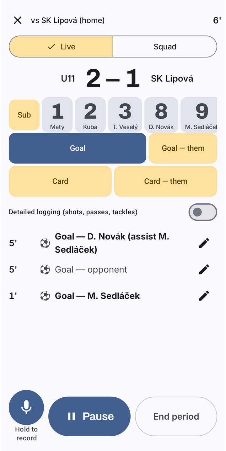 Match day mode in the sixth minute at 2 to 1: buttons for the players on the pitch, Goal and Card buttons for both teams, the goals logged so far, and a microphone button to hold for a voice note.