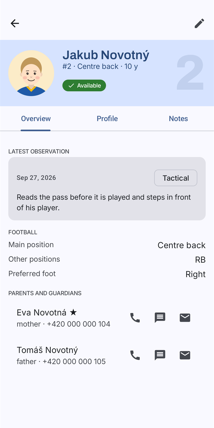 A player's dossier: name, number, position and age, the latest observation, main and other positions, preferred foot, and two guardians with buttons to call, text or mail them.