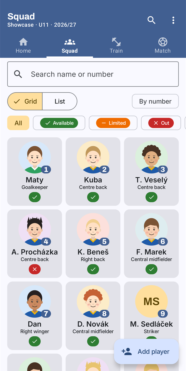 The Squad tab as a grid of player cards, each with a drawn face, shirt number, name, position and an availability mark, under filters for Available, Limited and Out.