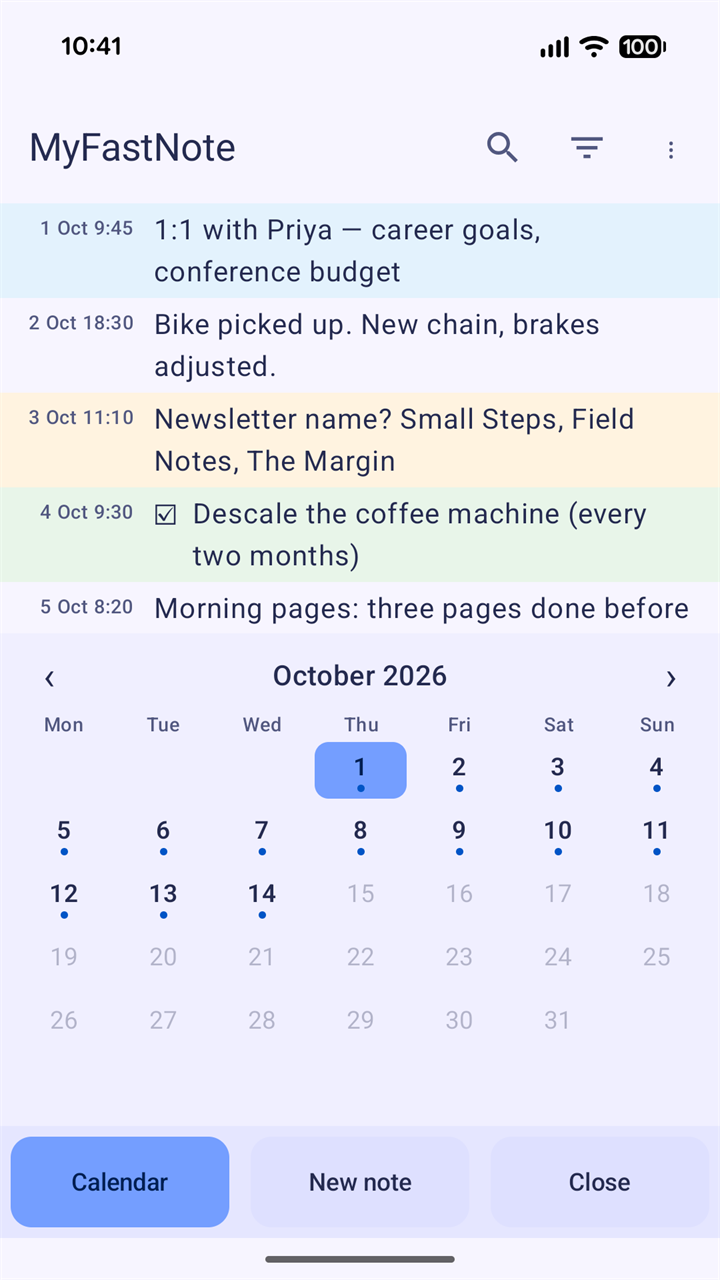The month calendar for October 2026 under the stream, with a dot on each day that has notes; 1 October is picked and the stream has jumped to it.