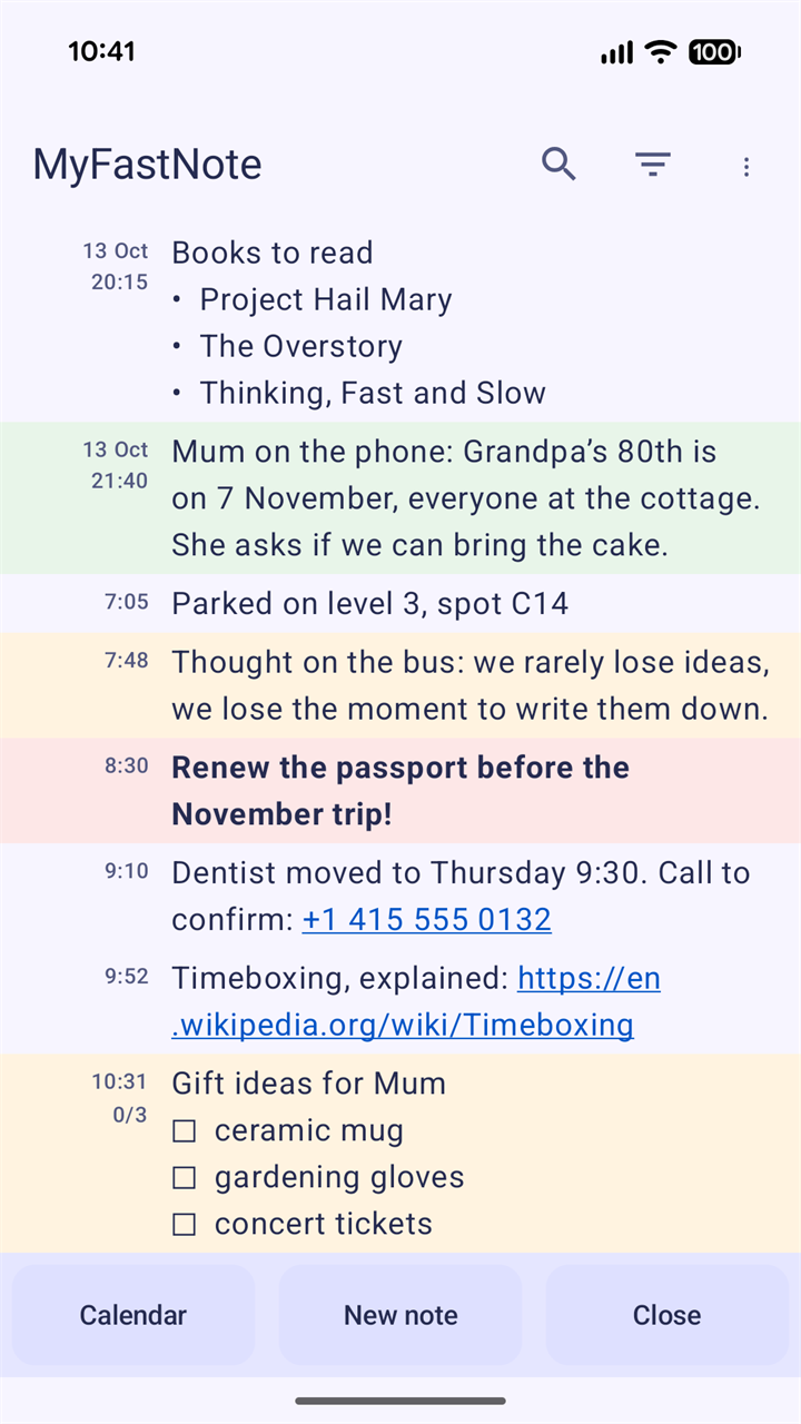 The stream of notes in MyFastNote: a list of books, a call note, a parking spot, a thought, an urgent note in bold, a phone number and a link that can be tapped, and a gift checklist with 0 of 3 ticked, each with its date or time beside it.