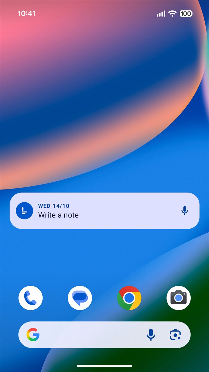 A phone's home screen with the MyFastNote widget: the date, Wed 14/10, the words Write a note and a microphone button, above the dock and the search bar.