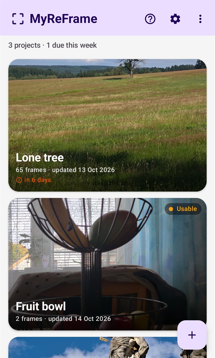 The home screen with three projects as large cards: Lone tree with 65 frames and a reminder in 6 days, Fruit bowl with 2 frames, and the top of a third card showing a statue.