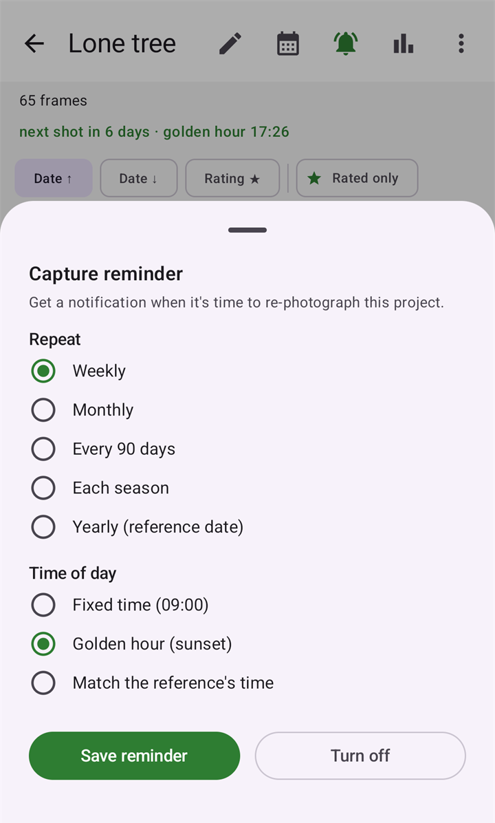 The Capture reminder sheet of a project: Repeat weekly, monthly, every 90 days, each season or yearly on the reference date, and Time of day at a fixed time, at golden hour or at the reference's time, with Save reminder and Turn off.